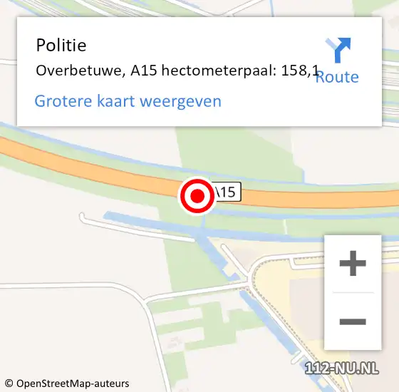 Locatie op kaart van de 112 melding: Politie Overbetuwe, A15 hectometerpaal: 158,1 op 28 april 2022 17:34