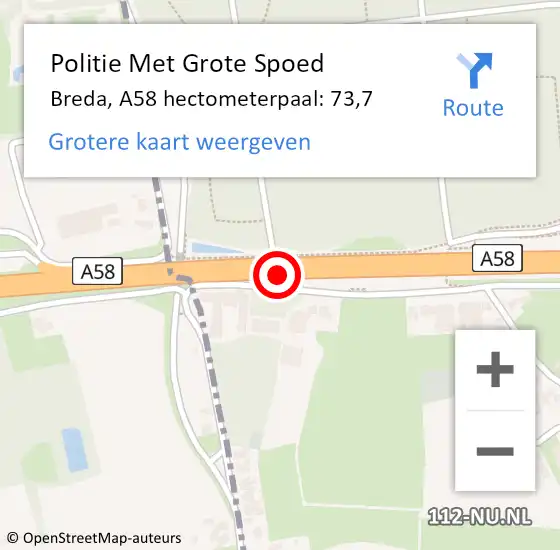 Locatie op kaart van de 112 melding: Politie Met Grote Spoed Naar Breda, A58 hectometerpaal: 73,7 op 28 april 2022 17:40