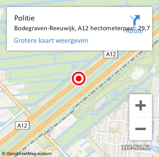 Locatie op kaart van de 112 melding: Politie Bodegraven-Reeuwijk, A12 hectometerpaal: 29,7 op 28 april 2022 17:41
