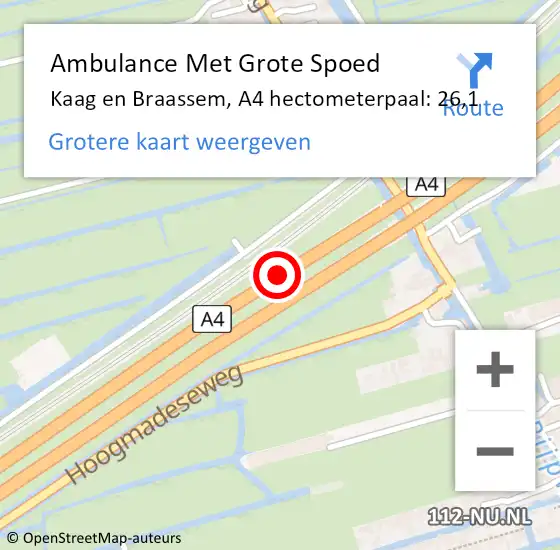 Locatie op kaart van de 112 melding: Ambulance Met Grote Spoed Naar Kaag en Braassem, A4 hectometerpaal: 26,1 op 28 april 2022 17:58