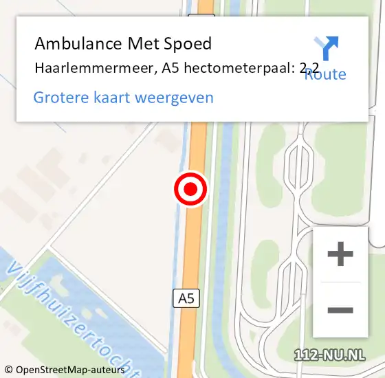 Locatie op kaart van de 112 melding: Ambulance Met Spoed Naar Haarlemmermeer, A5 hectometerpaal: 2,2 op 28 april 2022 18:12