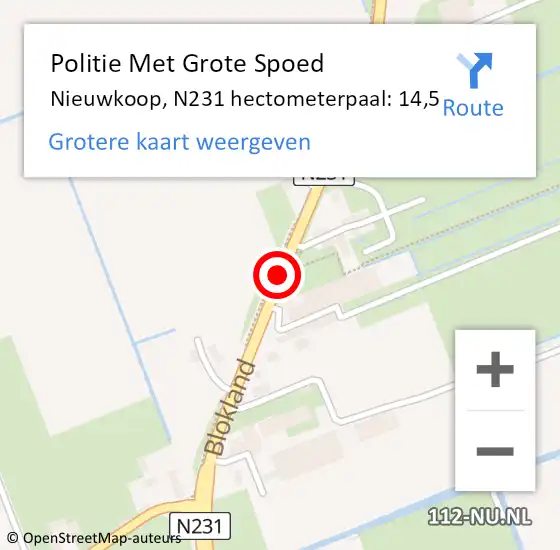 Locatie op kaart van de 112 melding: Politie Met Grote Spoed Naar Nieuwkoop, N231 hectometerpaal: 14,5 op 28 april 2022 18:21