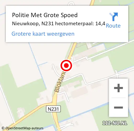 Locatie op kaart van de 112 melding: Politie Met Grote Spoed Naar Nieuwkoop, N231 hectometerpaal: 14,4 op 28 april 2022 18:22