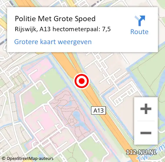 Locatie op kaart van de 112 melding: Politie Met Grote Spoed Naar Rijswijk, A13 hectometerpaal: 7,5 op 28 april 2022 20:19