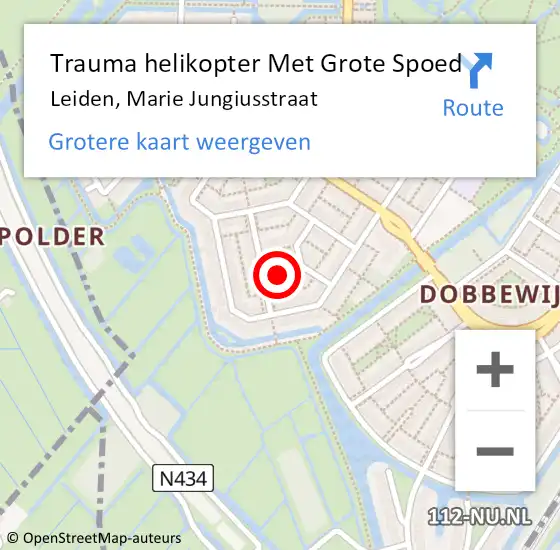 Locatie op kaart van de 112 melding: Trauma helikopter Met Grote Spoed Naar Leiden, Marie Jungiusstraat op 28 april 2022 20:45