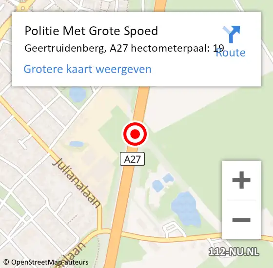 Locatie op kaart van de 112 melding: Politie Met Grote Spoed Naar Geertruidenberg, A27 hectometerpaal: 19 op 28 april 2022 20:52