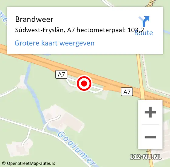 Locatie op kaart van de 112 melding: Brandweer Súdwest-Fryslân, A7 hectometerpaal: 103,2 op 28 april 2022 21:11