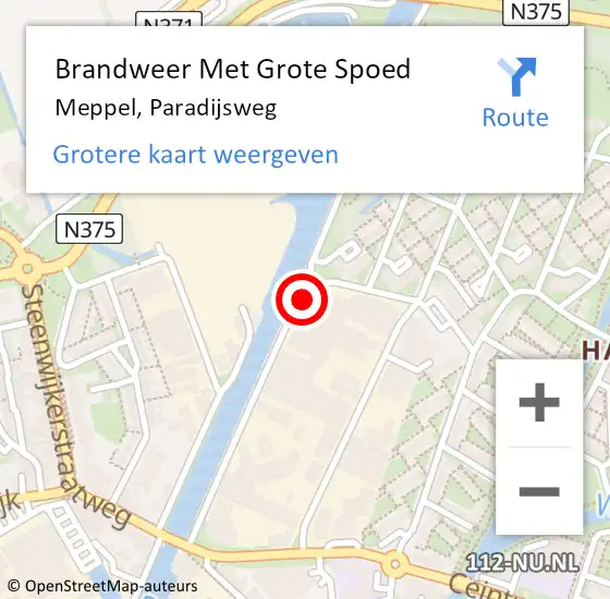 Locatie op kaart van de 112 melding: Brandweer Met Grote Spoed Naar Meppel, Paradijsweg op 28 april 2022 21:51