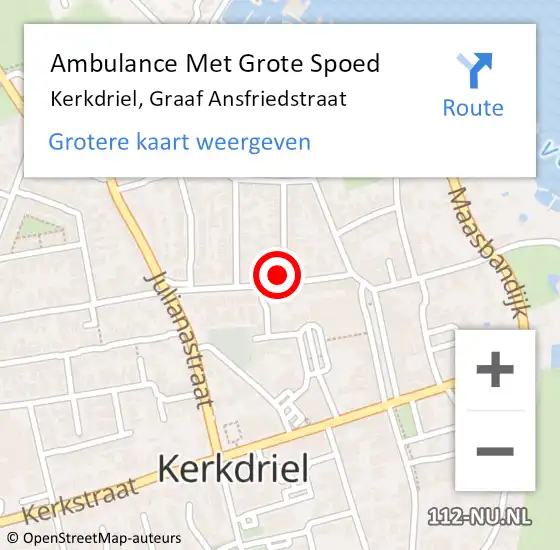 Locatie op kaart van de 112 melding: Ambulance Met Grote Spoed Naar Kerkdriel, Graaf Ansfriedstraat op 28 april 2022 22:09