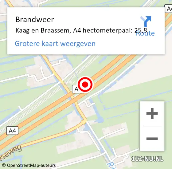 Locatie op kaart van de 112 melding: Brandweer Kaag en Braassem, A4 hectometerpaal: 25,8 op 28 april 2022 23:09