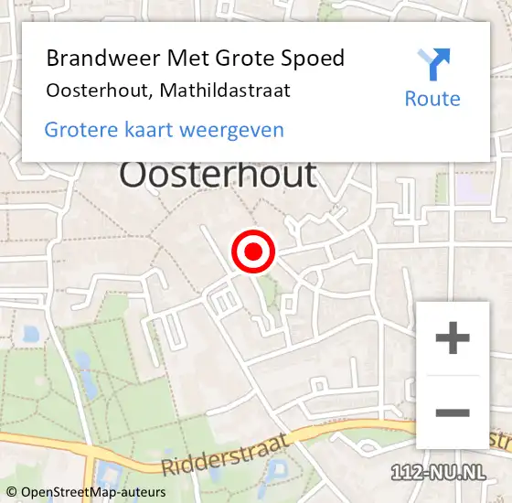 Locatie op kaart van de 112 melding: Brandweer Met Grote Spoed Naar Oosterhout, Mathildastraat op 29 april 2022 11:57