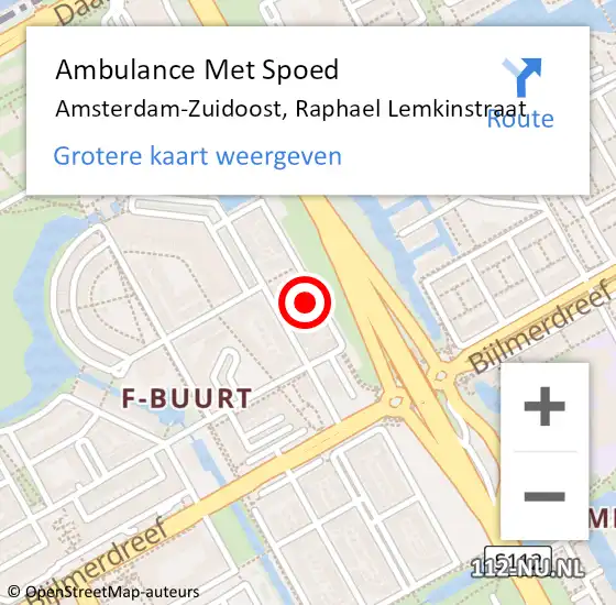 Locatie op kaart van de 112 melding: Ambulance Met Spoed Naar Amsterdam-Zuidoost, Raphael Lemkinstraat op 29 april 2022 14:58