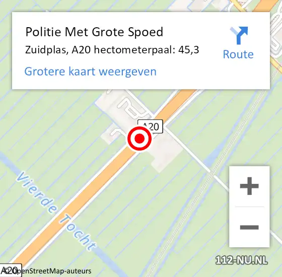 Locatie op kaart van de 112 melding: Politie Met Grote Spoed Naar Zuidplas, A20 hectometerpaal: 45,3 op 29 april 2022 16:44