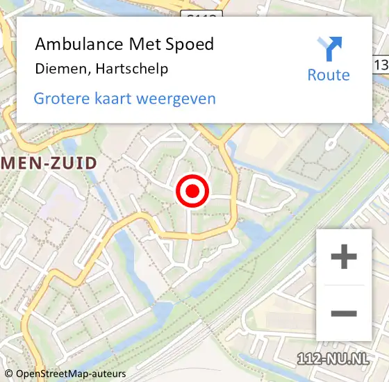 Locatie op kaart van de 112 melding: Ambulance Met Spoed Naar Diemen, Hartschelp op 29 april 2022 17:03