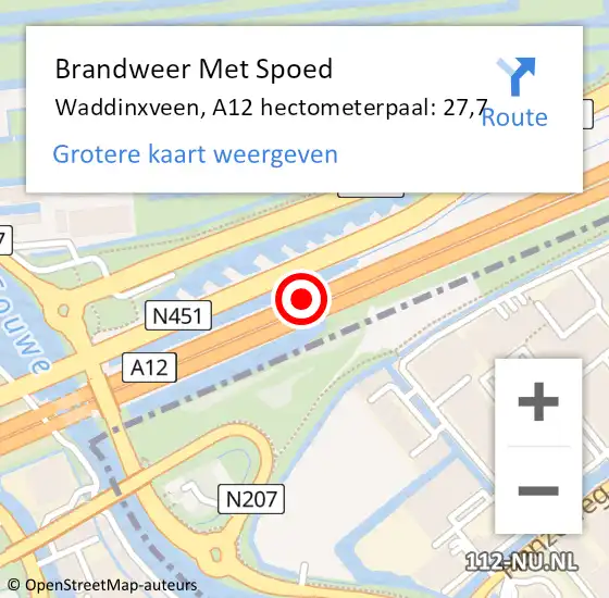 Locatie op kaart van de 112 melding: Brandweer Met Spoed Naar Waddinxveen, A12 hectometerpaal: 27,7 op 29 april 2022 17:29