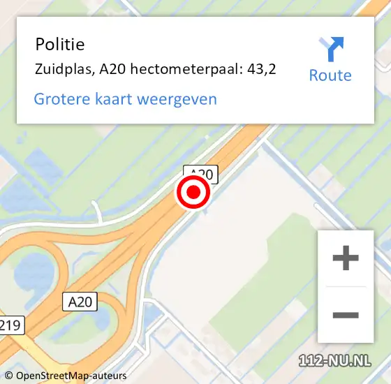 Locatie op kaart van de 112 melding: Politie Zuidplas, A20 hectometerpaal: 43,2 op 29 april 2022 18:03