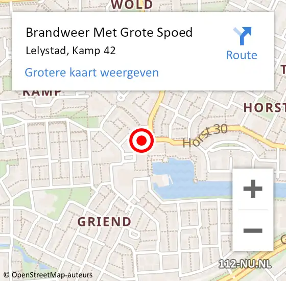 Locatie op kaart van de 112 melding: Brandweer Met Grote Spoed Naar Lelystad, Kamp 42 op 29 april 2022 21:00