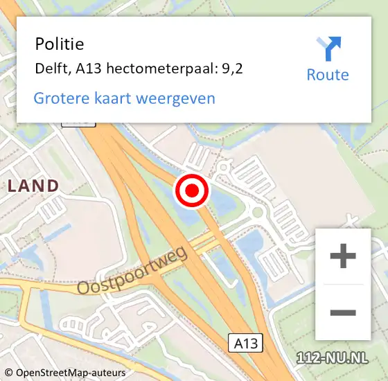 Locatie op kaart van de 112 melding: Politie Delft, A13 hectometerpaal: 9,2 op 30 april 2022 02:39