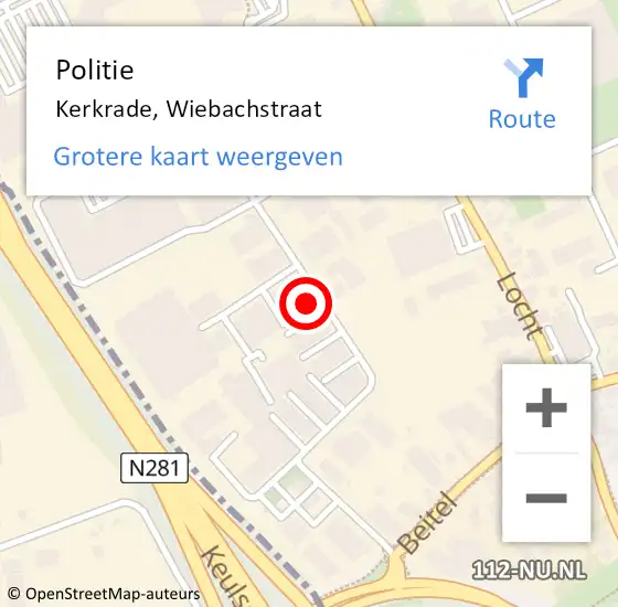 Locatie op kaart van de 112 melding: Politie Kerkrade, Wiebachstraat op 30 april 2022 09:27