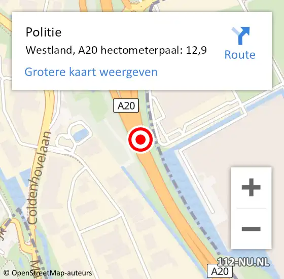 Locatie op kaart van de 112 melding: Politie Westland, A20 hectometerpaal: 12,9 op 30 april 2022 09:58