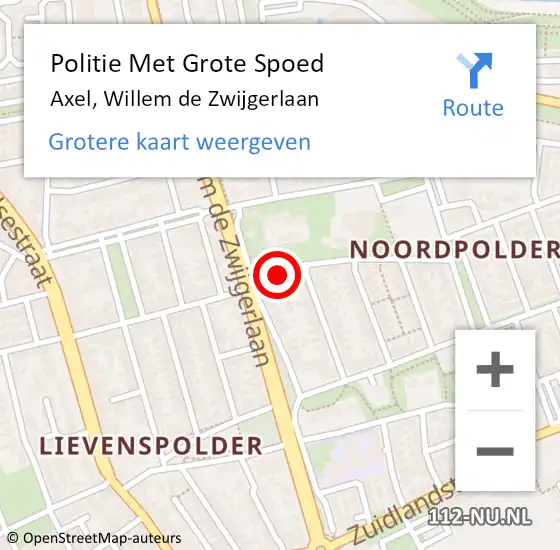 Locatie op kaart van de 112 melding: Politie Met Grote Spoed Naar Axel, Willem de Zwijgerlaan op 30 april 2022 13:47