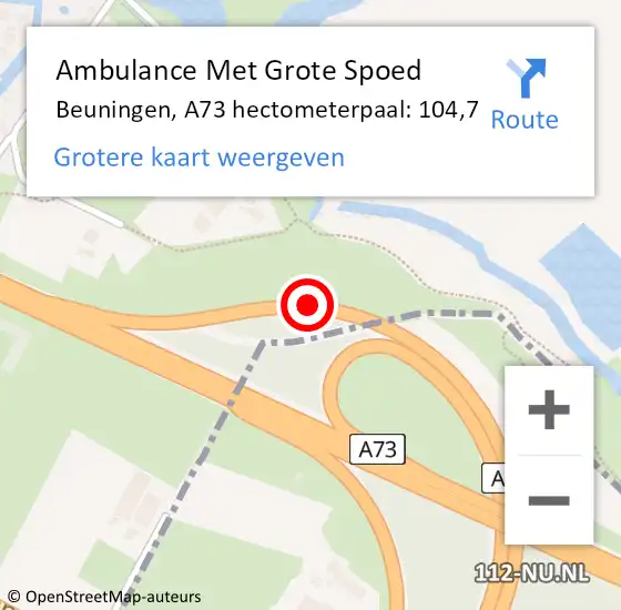 Locatie op kaart van de 112 melding: Ambulance Met Grote Spoed Naar Beuningen, A73 hectometerpaal: 104,7 op 30 april 2022 18:20