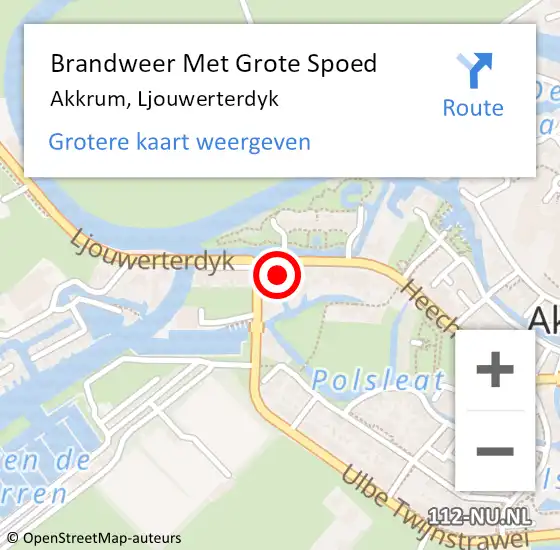 Locatie op kaart van de 112 melding: Brandweer Met Grote Spoed Naar Akkrum, Ljouwerterdyk op 30 april 2022 19:46