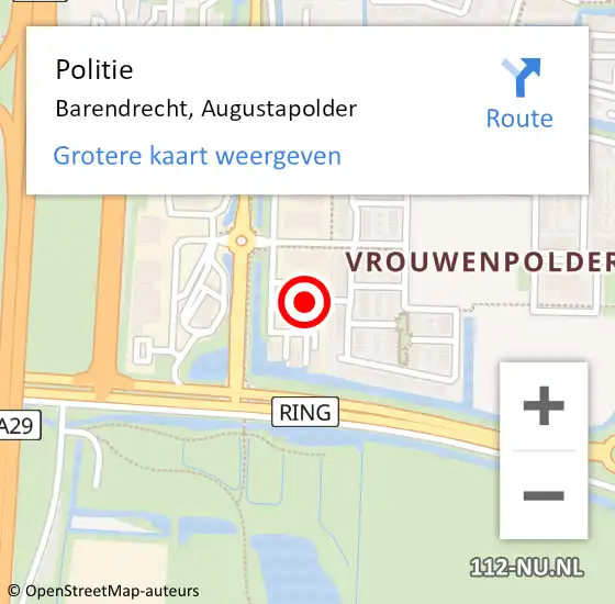 Locatie op kaart van de 112 melding: Politie Barendrecht, Augustapolder op 30 april 2022 22:33