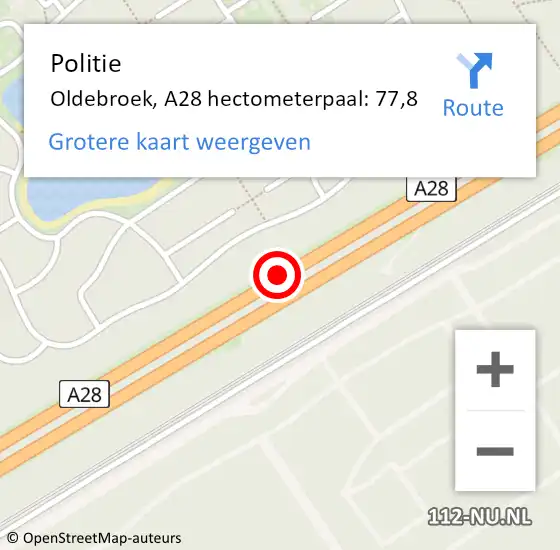 Locatie op kaart van de 112 melding: Politie Oldebroek, A28 hectometerpaal: 77,8 op 1 mei 2022 00:16
