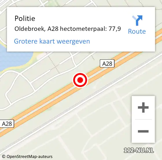 Locatie op kaart van de 112 melding: Politie Oldebroek, A28 hectometerpaal: 77,9 op 1 mei 2022 00:17