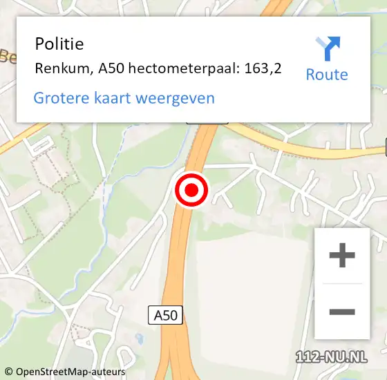 Locatie op kaart van de 112 melding: Politie Renkum, A50 hectometerpaal: 163,2 op 1 mei 2022 01:48