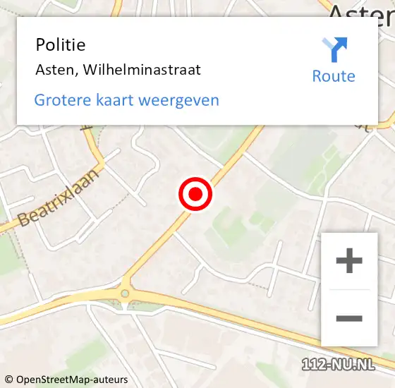 Locatie op kaart van de 112 melding: Politie Asten, Wilhelminastraat op 1 mei 2022 01:53