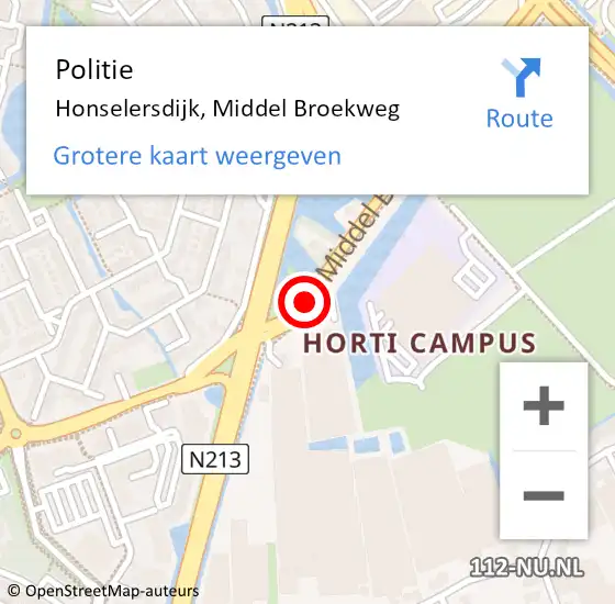 Locatie op kaart van de 112 melding: Politie Honselersdijk, Middel Broekweg op 16 juli 2014 06:50