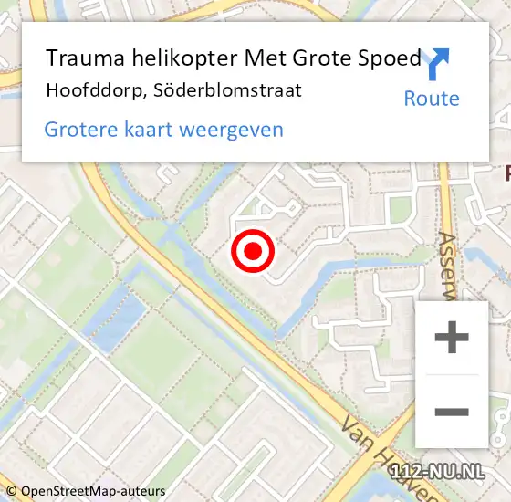 Locatie op kaart van de 112 melding: Trauma helikopter Met Grote Spoed Naar Hoofddorp, Söderblomstraat op 1 mei 2022 02:50