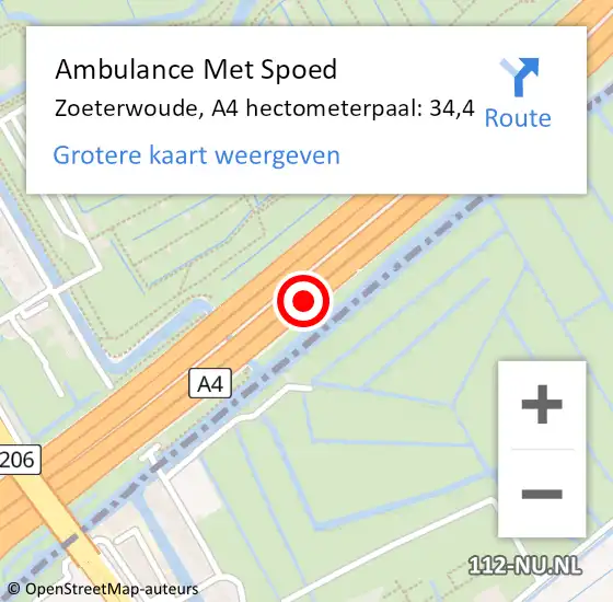 Locatie op kaart van de 112 melding: Ambulance Met Spoed Naar Zoeterwoude, A4 hectometerpaal: 34,4 op 1 mei 2022 06:08
