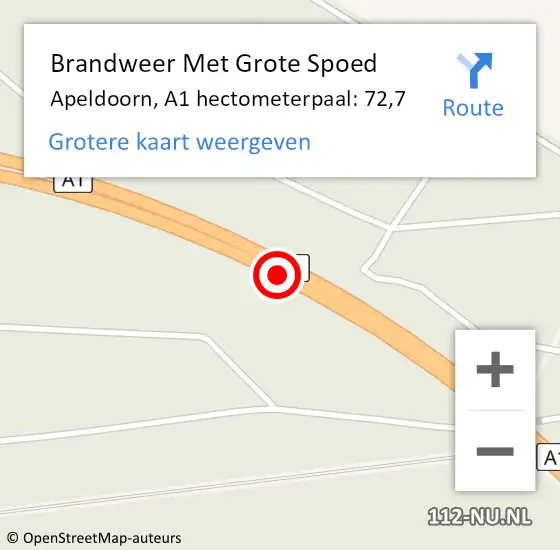 Locatie op kaart van de 112 melding: Brandweer Met Grote Spoed Naar Apeldoorn, A1 hectometerpaal: 72,7 op 1 mei 2022 06:30