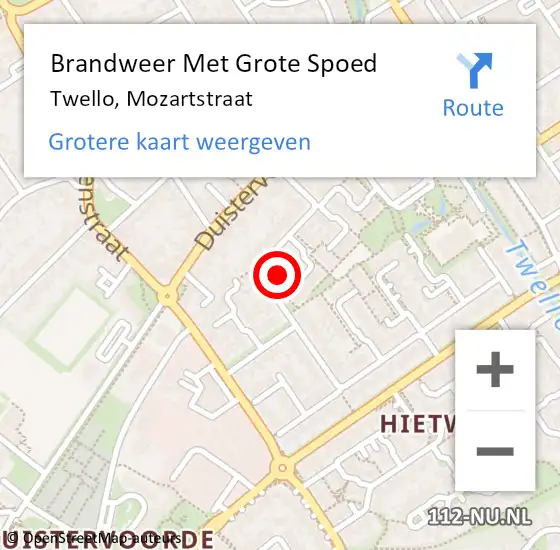 Locatie op kaart van de 112 melding: Brandweer Met Grote Spoed Naar Twello, Mozartstraat op 1 mei 2022 08:23