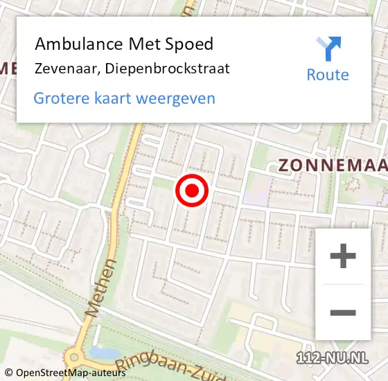 Locatie op kaart van de 112 melding: Ambulance Met Spoed Naar Zevenaar, Diepenbrockstraat op 1 mei 2022 13:33