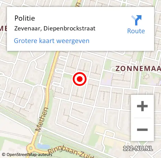 Locatie op kaart van de 112 melding: Politie Zevenaar, Diepenbrockstraat op 1 mei 2022 13:34