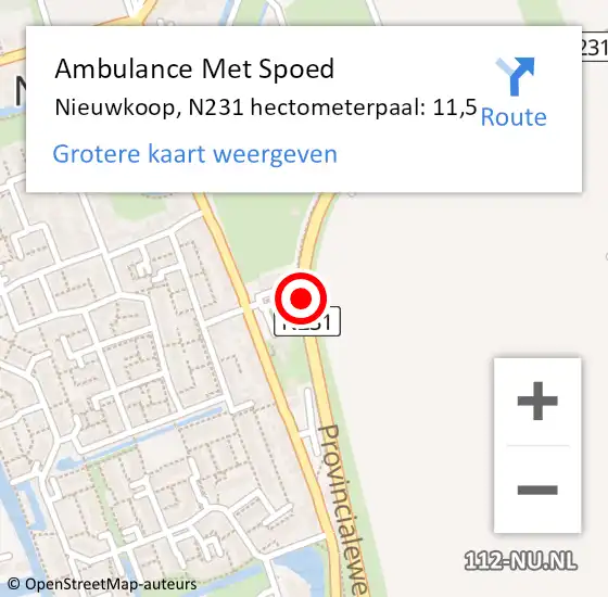Locatie op kaart van de 112 melding: Ambulance Met Spoed Naar Nieuwkoop, N231 hectometerpaal: 11,5 op 1 mei 2022 14:13