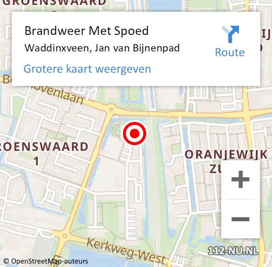 Locatie op kaart van de 112 melding: Brandweer Met Spoed Naar Waddinxveen, Jan van Bijnenpad op 1 mei 2022 17:39