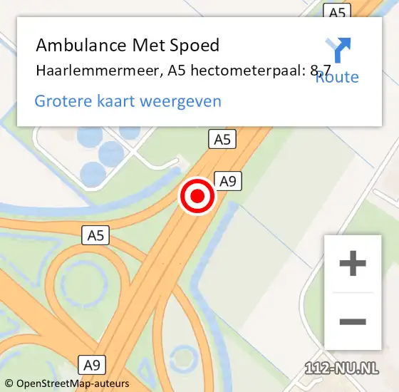 Locatie op kaart van de 112 melding: Ambulance Met Spoed Naar Haarlemmermeer, A5 hectometerpaal: 8,7 op 1 mei 2022 23:03