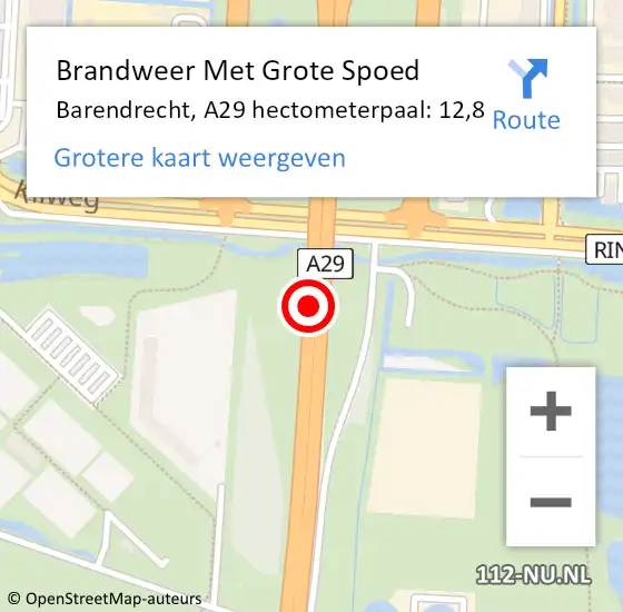 Locatie op kaart van de 112 melding: Brandweer Met Grote Spoed Naar Barendrecht, A29 hectometerpaal: 12,8 op 2 mei 2022 00:39
