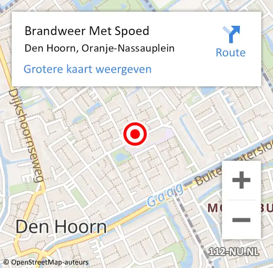 Locatie op kaart van de 112 melding: Brandweer Met Spoed Naar Den Hoorn, Oranje-Nassauplein op 2 mei 2022 11:27