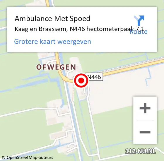 Locatie op kaart van de 112 melding: Ambulance Met Spoed Naar Kaag en Braassem, N446 hectometerpaal: 7,1 op 2 mei 2022 12:18