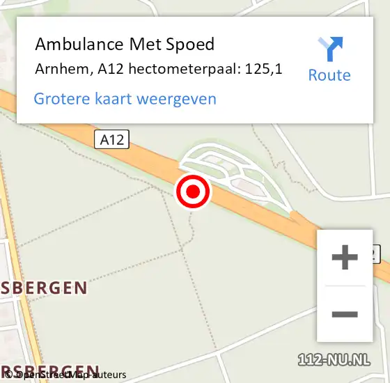 Locatie op kaart van de 112 melding: Ambulance Met Spoed Naar Arnhem, A12 hectometerpaal: 125,1 op 2 mei 2022 14:26