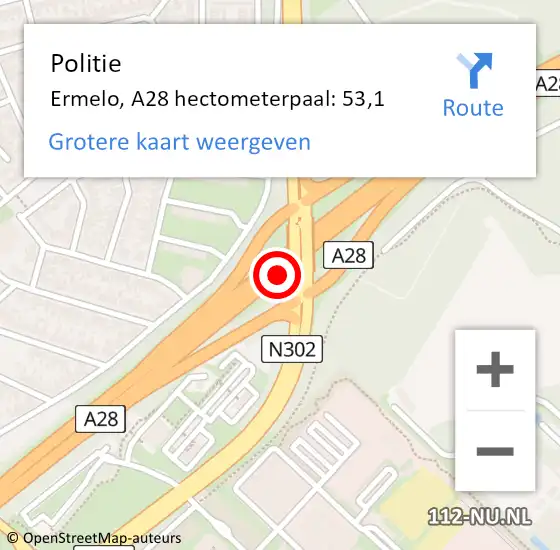 Locatie op kaart van de 112 melding: Politie Ermelo, A28 hectometerpaal: 53,1 op 2 mei 2022 15:57