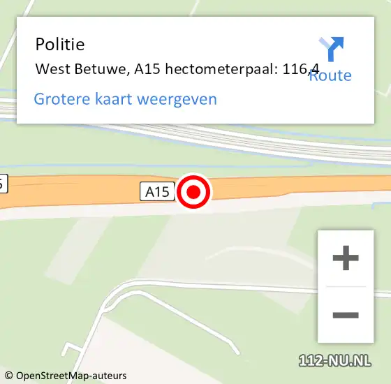 Locatie op kaart van de 112 melding: Politie West Betuwe, A15 hectometerpaal: 116,4 op 2 mei 2022 16:32