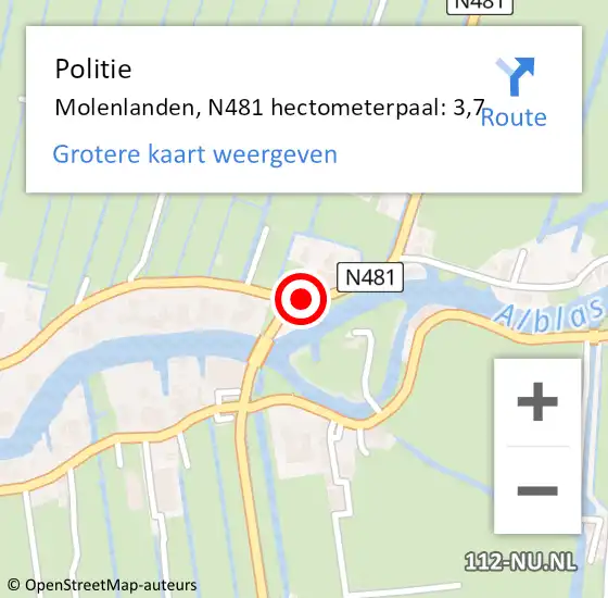 Locatie op kaart van de 112 melding: Politie Molenlanden, N481 hectometerpaal: 3,7 op 2 mei 2022 16:36