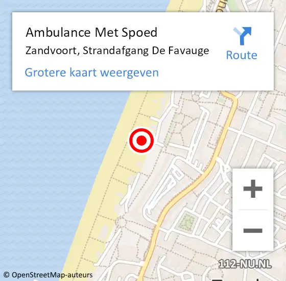 Locatie op kaart van de 112 melding: Ambulance Met Spoed Naar Zandvoort, Strandafgang De Favauge op 2 mei 2022 16:46